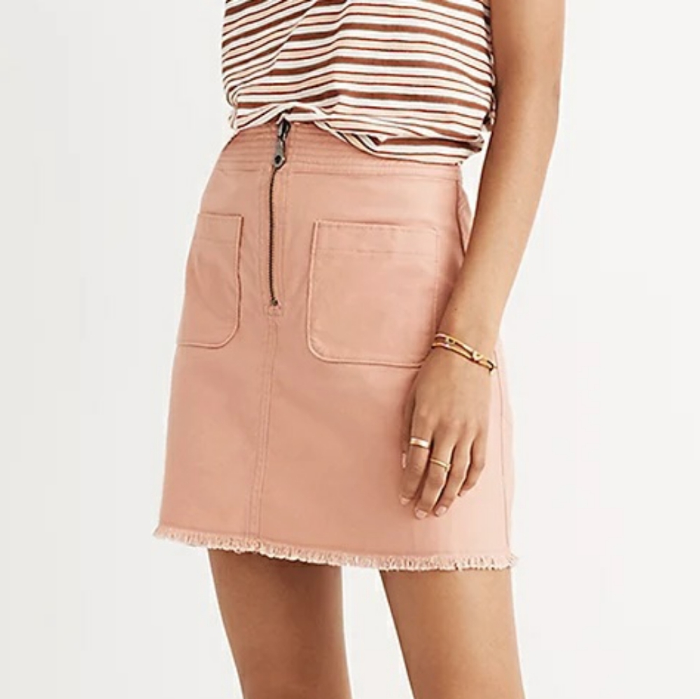 Madewell size 10 peach A line front zip raw hem denim skirt casual Spring Summer